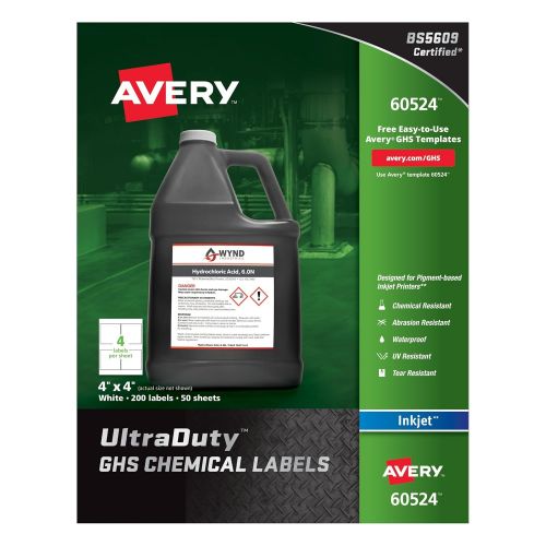  Avery UltraDuty GHS Chemical Labels for Pigment Inket Printers, Waterproof, UV Resistant, 4x4, 200Pk (60524)