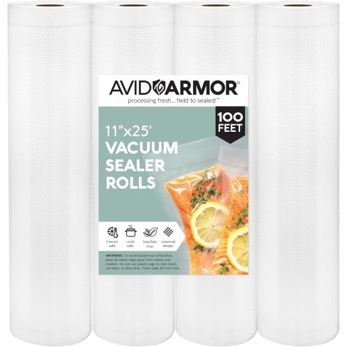  Avid Armor Food Saver Bags Rolls 4 Pack 11 x 25 Feet for Foodsaver, Seal a Meal Vacuum Sealer FITS INSIDE MACHINE STORAGE AREA Heavy Duty, Sous Vide Vaccume, Cut to Size Roll BPA Free 100 Fee