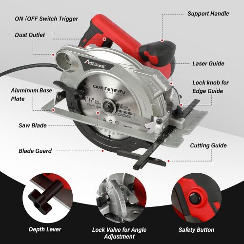  AVID POWER Electric Circular Saw Corded 15 Amp 5,000RPM Circular Saw with 7-1/4 Inch Saw Blade, Solid Aluminum Base Plate, Ideal for Cutting Wood, Metal and Plastic