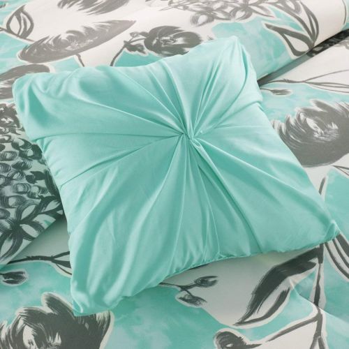  Avondale 5pc Girls Mint Grey Floral Theme Comforter Full Queen Set, Girly Flowers Pattern Solid Themed, Pretty Abstract Wild Flower Bedding, Dark Gray Seafoam Green