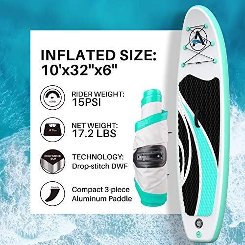  awesafe Inflatable Stand Up Paddle Board 10x32x6 SUP with ISUP Accessories Backpack, Fin, Paddle, Double Action Pump, Leash, Waterproof Bag for Youth & Adult