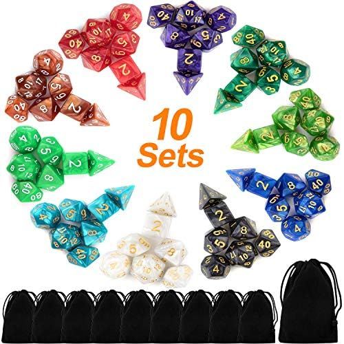  [아마존베스트]10 X 7 Polyhedral Dice Set (70 Pieces) for Dungeons and Dragons DND RPG MTG Table Games D4 D6 D8 D10 D% D12 D20 with 10 Pack Black Bags, 10 Colors