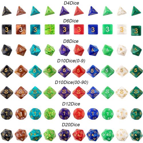  [아마존베스트]10 X 7 Polyhedral Dice Set (70 Pieces) for Dungeons and Dragons DND RPG MTG Table Games D4 D6 D8 D10 D% D12 D20 with 10 Pack Black Bags, 10 Colors