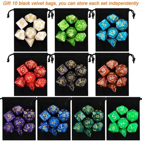  [아마존베스트]10 X 7 Polyhedral Dice Set (70 Pieces) for Dungeons and Dragons DND RPG MTG Table Games D4 D6 D8 D10 D% D12 D20 with 10 Pack Black Bags, 10 Colors