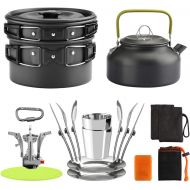 Awroutdoor 19pcs Camping Cookware Mess Kit, Non-Stick Lightweight Pots Pan Kettle, and Bucket, Stainless Steel Cups Plates Forks Knives Spoons for Outdoor Backpacking Picnic