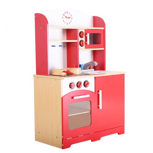  AyaMastro Wood Kids Kitchen Toy Cooking Pretend Playset w/ Storage Shelves