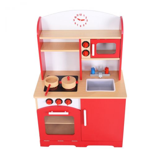  AyaMastro Wood Kids Kitchen Toy Cooking Pretend Playset w/ Storage Shelves