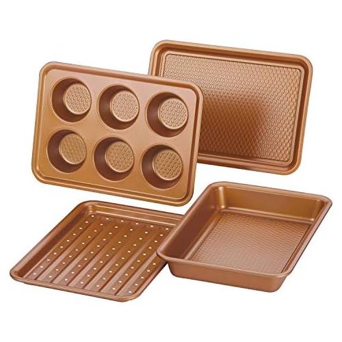  Ayesha Curry Kitchenware Ayesha Curry Nonstick Bakeware Toaster Oven Set with Nonstick Baking Pan, Cookie Sheet / Baking Sheet and Muffin Pan / Cupcake Pan - 4 Piece, Copper Brown