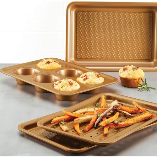  Ayesha Curry Kitchenware Ayesha Curry Nonstick Bakeware Toaster Oven Set with Nonstick Baking Pan, Cookie Sheet / Baking Sheet and Muffin Pan / Cupcake Pan - 4 Piece, Copper Brown