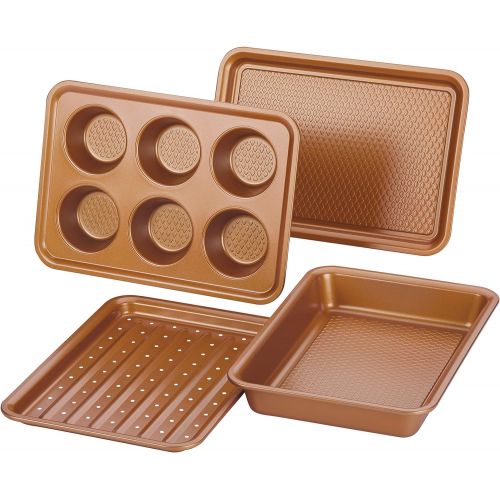  Ayesha Curry Kitchenware Ayesha Curry Nonstick Bakeware Toaster Oven Set with Nonstick Baking Pan, Cookie Sheet / Baking Sheet and Muffin Pan / Cupcake Pan - 4 Piece, Copper Brown