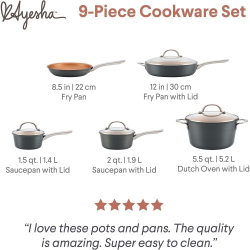  Ayesha Curry Kitchenware Ayesha Curry Home Collection Hard Anodized Nonstick Cookware Pots and Pans Set, 9 Piece, Charcoal Gray