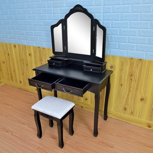  Azadx Makeup Table Set,Tri-Folding Mirror Vanity Table Set Dressing Table Organizers with Cushioned Stool Bedroom (Black-4 Drawer)