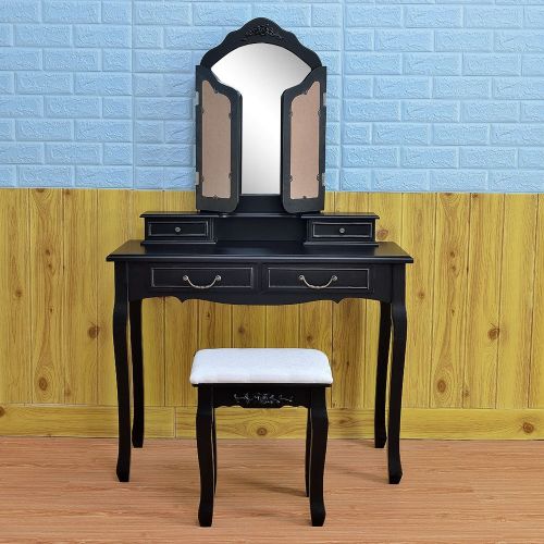  Azadx Makeup Table Set,Tri-Folding Mirror Vanity Table Set Dressing Table Organizers with Cushioned Stool Bedroom (Black-4 Drawer)