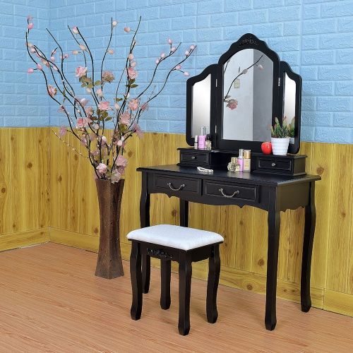  Azadx Makeup Table Set,Tri-Folding Mirror Vanity Table Set Dressing Table Organizers with Cushioned Stool Bedroom (Black-4 Drawer)