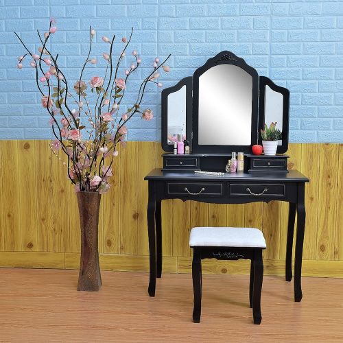  Azadx Makeup Table Set,Tri-Folding Mirror Vanity Table Set Dressing Table Organizers with Cushioned Stool Bedroom (Black-4 Drawer)