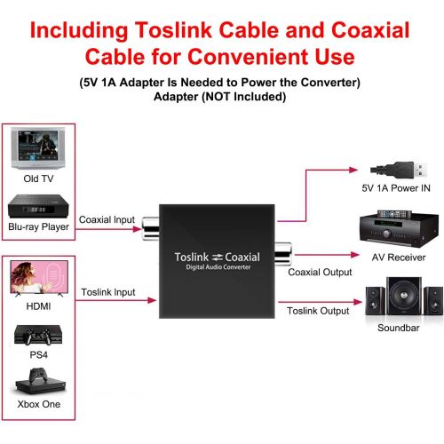  Azduou Optical to Coaxial or Coax to Optical Digital Audio Converter Adapter, Bi-Directional Digital Coaxial to/from SPDIF Optical (Toslink) Audio Signal Converter/Repeater