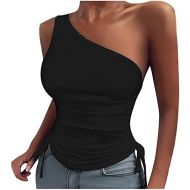 Azrian Women Sleeveless One Shoulder Tunic Tee Shirts Side Drawstring Bandage Tops Casual Strappy Slim Blouses