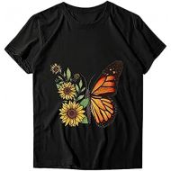 Azrian Women Casual Blouse Tops Butterfly Floral Printing Tee Short Sleeves O-Neck Loose T-Shirt