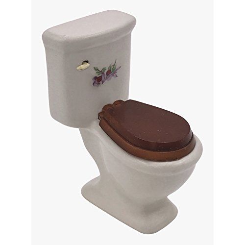 Aztec Imports, Inc. White Ceramic Dollhouse Toilet with Realistic Plastic Toilet Seat and Decorative Floral Decal 1:12 Scale