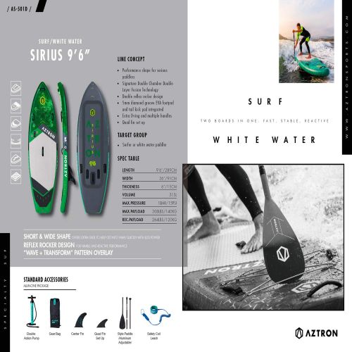  Aztron Sirius White Water/SURF Inflatable SUP 96 Double Chamber & Layer with Adjustable Aluminum Paddle and Leash