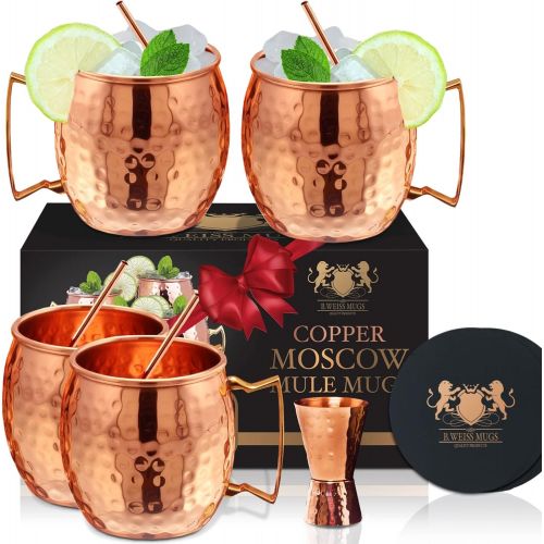  [아마존베스트]B. WEISS [Gift Set] 100% Pure Copper Moscow mule mugs, Set Of 4 copper cups for drinking Each Mug is HANDCRAFTED- Food Safe Pure Solid Copper Cups gift set (Set of 4)