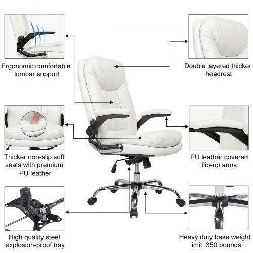  B2C2B Ergonomic Office Chair - High Back Desk Chair with Flip-Up Arms and Comfy Thick Cushion Leather Computer Chair Big and Tall 350lb Weight Capacity, White