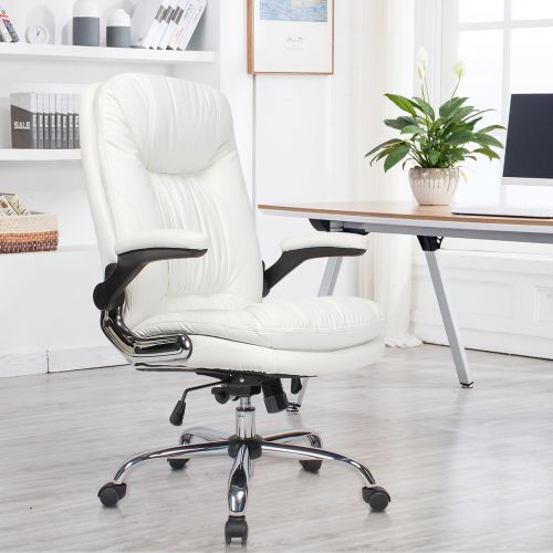  B2C2B Ergonomic Office Chair - High Back Desk Chair with Flip-Up Arms and Comfy Thick Cushion Leather Computer Chair Big and Tall 350lb Weight Capacity, White