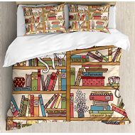 BABE MAPS King Size Duvet Cover 4 Pcs Set Cat Nerd Book Lover Kitty Sleeping Over Bookshelf in Library Academics Feline Cosy Boho Design Ultra Soft Durable Twill Plush Bedding Sets for Kids/