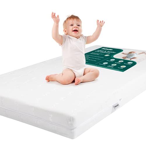  BABELIO Premium Memory Foam Crib Mattresses, 2-Stage, Cool Gel, with Waterproof Lining & Removable Mattress Cover, for Standard Crib & Toddler Bed