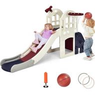 BABY JOY Toddler Large Slide, 6 in 1 Slide for Kids with Basketball Hoop, Ring Toss, 2 in 1 Convertible Climbing Way, Freestanding Kids Slide Climber Set for Indoors Outdoor Boys Girls Gifts Present