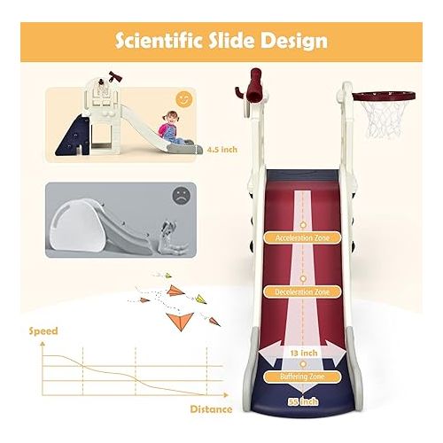  BABY JOY Toddler Large Slide, 6 in 1 Slide for Kids with Basketball Hoop, Ring Toss, 2 in 1 Convertible Climbing Way, Freestanding Kids Slide Climber Set for Indoors Outdoor Boys Girls Gifts Present