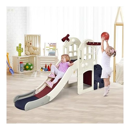  BABY JOY Toddler Large Slide, 6 in 1 Slide for Kids with Basketball Hoop, Ring Toss, 2 in 1 Convertible Climbing Way, Freestanding Kids Slide Climber Set for Indoors Outdoor Boys Girls Gifts Present