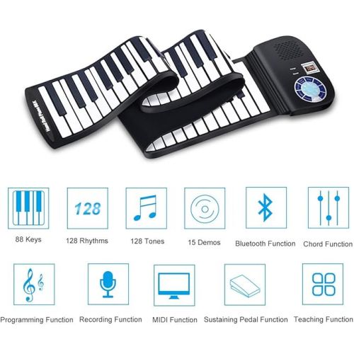  BABY JOY 88 Keys Roll Up Piano, Upgraded Electronic Piano Keyboard, Portable Piano w/Bluetooth, MP3 Headphone USB Input, MIDI OUT, 128 Rhythms, Record, Play, Volume Control (Black, 88Keys)