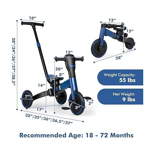  BABY JOY 4 in 1 Toddler Tricycle, Folding Kids Trike Baby Balance Bike w/Adjustable Parent Steering Push Handle, Removable Pedals, Aluminum Alloy Frame, Ride-on Toy for 18-72 Months Boys Girls (Blue)