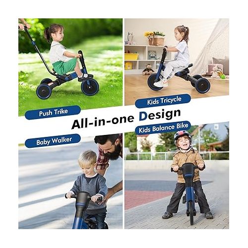  BABY JOY 4 in 1 Toddler Tricycle, Folding Kids Trike Baby Balance Bike w/Adjustable Parent Steering Push Handle, Removable Pedals, Aluminum Alloy Frame, Ride-on Toy for 18-72 Months Boys Girls (Blue)