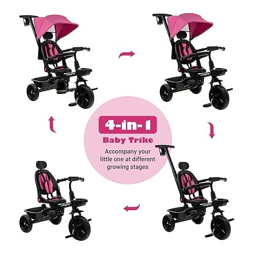  BABY JOY Tricycle, 4 in 1 Toddler Bike W/Removable Push Handle, Reversible Seat, Foldable Footrest, All-Terrain EVA Wheel, Adjustable Canopy, Ideal for Kids 12-60 Months, Tricycle for Toddler (Pink)