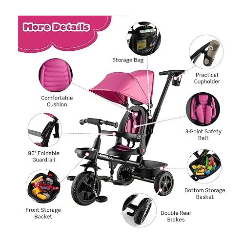  BABY JOY Tricycle, 4 in 1 Toddler Bike W/Removable Push Handle, Reversible Seat, Foldable Footrest, All-Terrain EVA Wheel, Adjustable Canopy, Ideal for Kids 12-60 Months, Tricycle for Toddler (Pink)