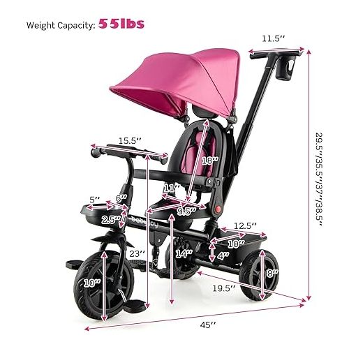 BABY JOY Tricycle, 4 in 1 Toddler Bike W/Removable Push Handle, Reversible Seat, Foldable Footrest, All-Terrain EVA Wheel, Adjustable Canopy, Ideal for Kids 12-60 Months, Tricycle for Toddler (Pink)