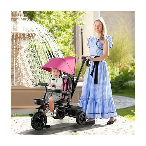  BABY JOY Tricycle, 4 in 1 Toddler Bike W/Removable Push Handle, Reversible Seat, Foldable Footrest, All-Terrain EVA Wheel, Adjustable Canopy, Ideal for Kids 12-60 Months, Tricycle for Toddler (Pink)