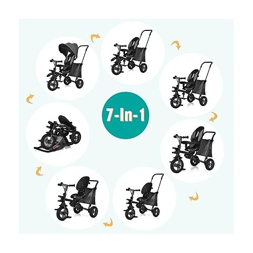  BABY JOY Toddler Tricycle, 7 in 1 Folding Steer Trike w/Rotatable Seat, Adjustable Canopy, Push Handle, Guardrail, Safety Harness, Brakes, Cup Holder & Storage, Tricycle for Toddlers Ages 1.5-5, Black