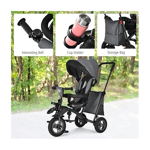  BABY JOY Toddler Tricycle, 7 in 1 Folding Steer Trike w/Rotatable Seat, Adjustable Canopy, Push Handle, Guardrail, Safety Harness, Brakes, Cup Holder & Storage, Tricycle for Toddlers Ages 1.5-5, Black