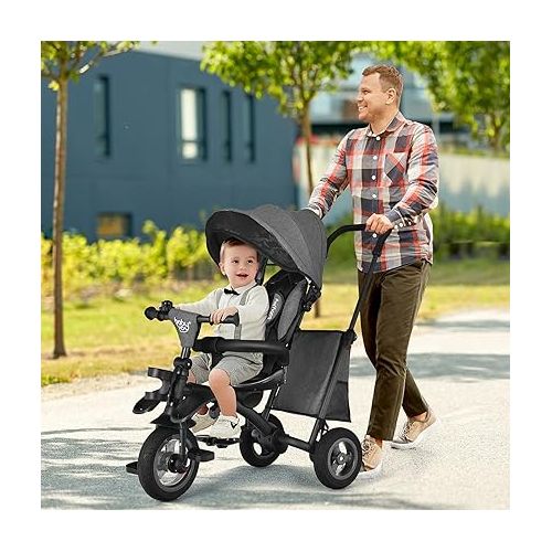  BABY JOY Toddler Tricycle, 7 in 1 Folding Steer Trike w/Rotatable Seat, Adjustable Canopy, Push Handle, Guardrail, Safety Harness, Brakes, Cup Holder & Storage, Tricycle for Toddlers Ages 1.5-5, Black