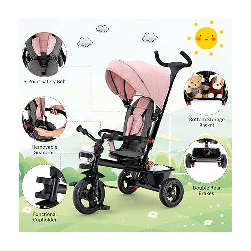  BABY JOY Tricycle, 5 in 1 Toddler Bike W/Removable Push Handle, Reversible Seat, EVA Wheel, Adjustable Canopy, Cup Holder & Storage, Ideal for Kids 1.5-5 Years Old, Tricycle for Toddler (Pink)