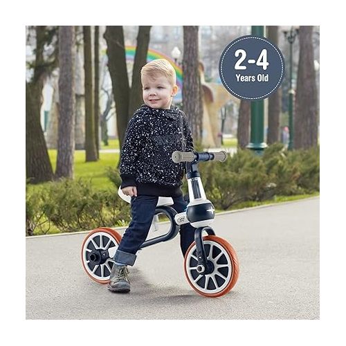  BABY JOY 4-in-1 Baby Tricycle, Kids Training Balance Bike w/Adjustable Parent Handle, 2-Level Seat Height & Reversible Handlebar, Push Trike for Toddlers 2-4 Years Old (Dark Blue)