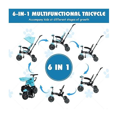  BABY JOY Tricycle, 6 in 1 Folding Toddler Bike W/Removable Push Handle, Adjustable Canopy, Safety Harness, Interesting Music Box Headlight, Trike for Kids 1.5-5 Year Old, Tricycle for Toddlers (Blue)