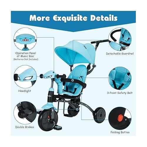  BABY JOY Tricycle, 6 in 1 Folding Toddler Bike W/Removable Push Handle, Adjustable Canopy, Safety Harness, Interesting Music Box Headlight, Trike for Kids 1.5-5 Year Old, Tricycle for Toddlers (Blue)