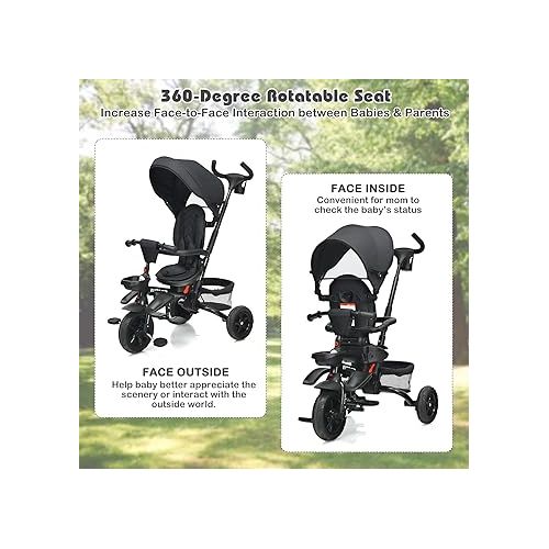  BABY JOY Tricycle, 7 in 1 Folding Toddler Bike w/Removable Push Handle, Rotatable Seat, Adjustable Canopy, Safety Harness, Storage, Cup Holder, Trike for 1-5 Year Old, Tricycle for Toddlers (Black)