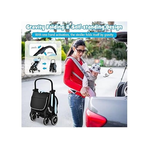  BABY JOY Lightweight Baby Stroller, Compact Travel Stroller for Airplane, Infant Toddler Stroller w/Adjustable Backrest & Canopy, Storage Basket, Self Standing Gravity Fold, Aluminium Frame (Blue)