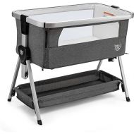BABY JOY Bedside Bassinet, Portable Baby Crib w/Mattress, Two-Side Breathable Mesh, 7 Height Adjustable, Large Storage, Wheels for Easy Movement, Crib for Newborn Infant, Bassinet for Baby, Dark Grey