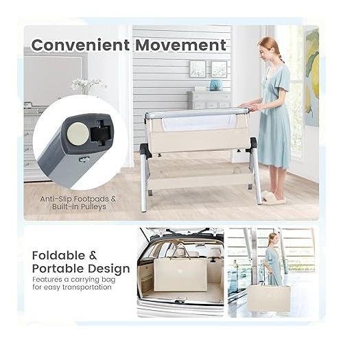  BABY JOY Bassinet, Portable Bedside Crib w/Mattress, Storage Basket, Built-in Pulleys, Adjustable Height & Travel Bag, Bassinet Bedside Sleeper for Newborn Infants (Beige)